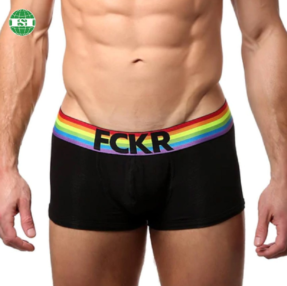 Custom logo rainbow waistband men's trunks black cotton underwear