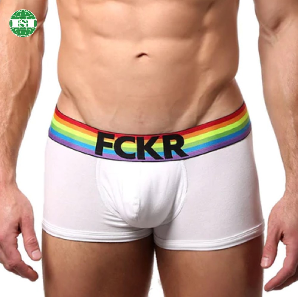Personalized logo rainbow waistband men's trunks white bamboo spandex underwear