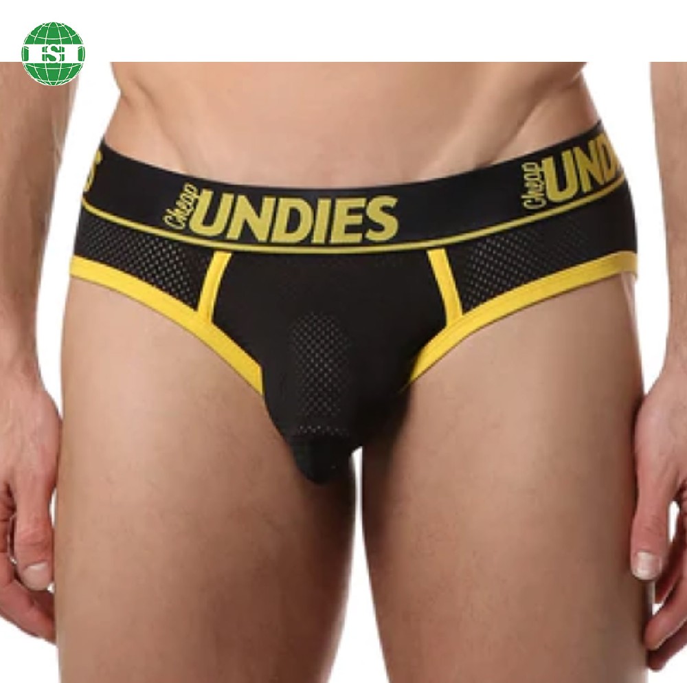 Black mesh briefs yellow binding customized logo men's underwear