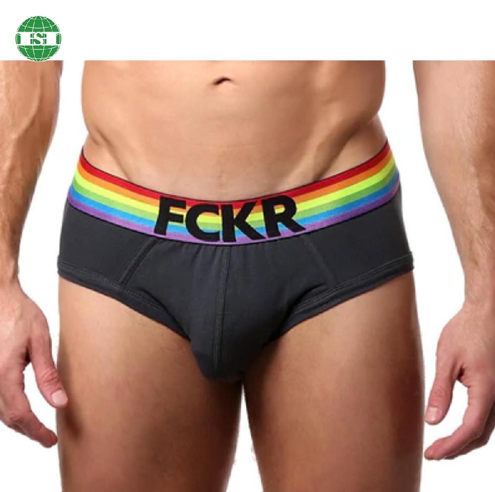 Grey bamboo spandex briefs rainbow waistband customized men's underwear