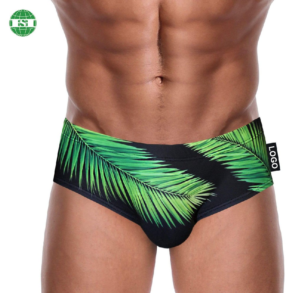 Pink palm tree print men's swimwear briefs customized with your own brand name