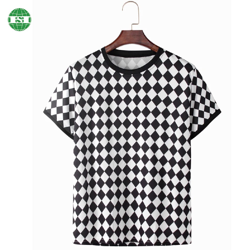 Black white checkered men's round neck T-shirt full customisation with your own design