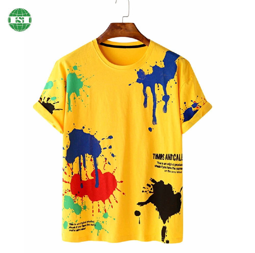 Yellow graffiti print men's round neck T-shirts fully customized with your own design