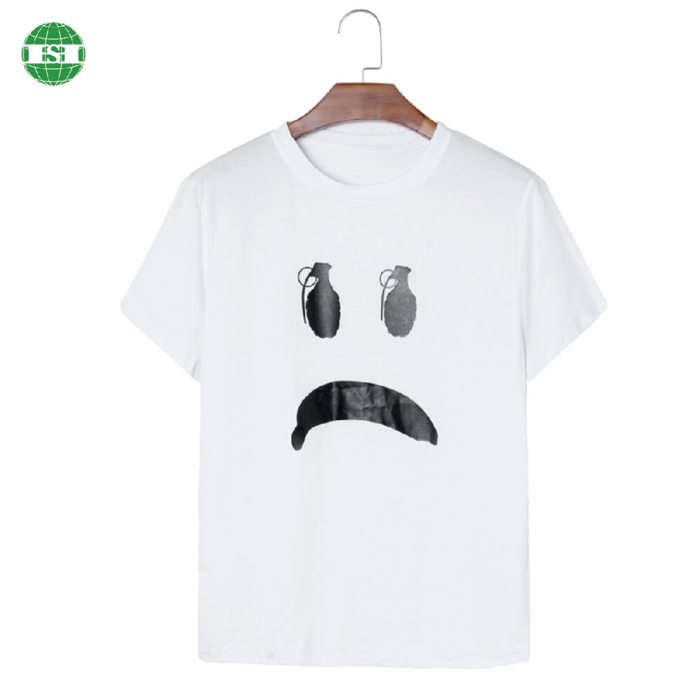 White cotton smile print men's round neck t-shirts full customization with your own design