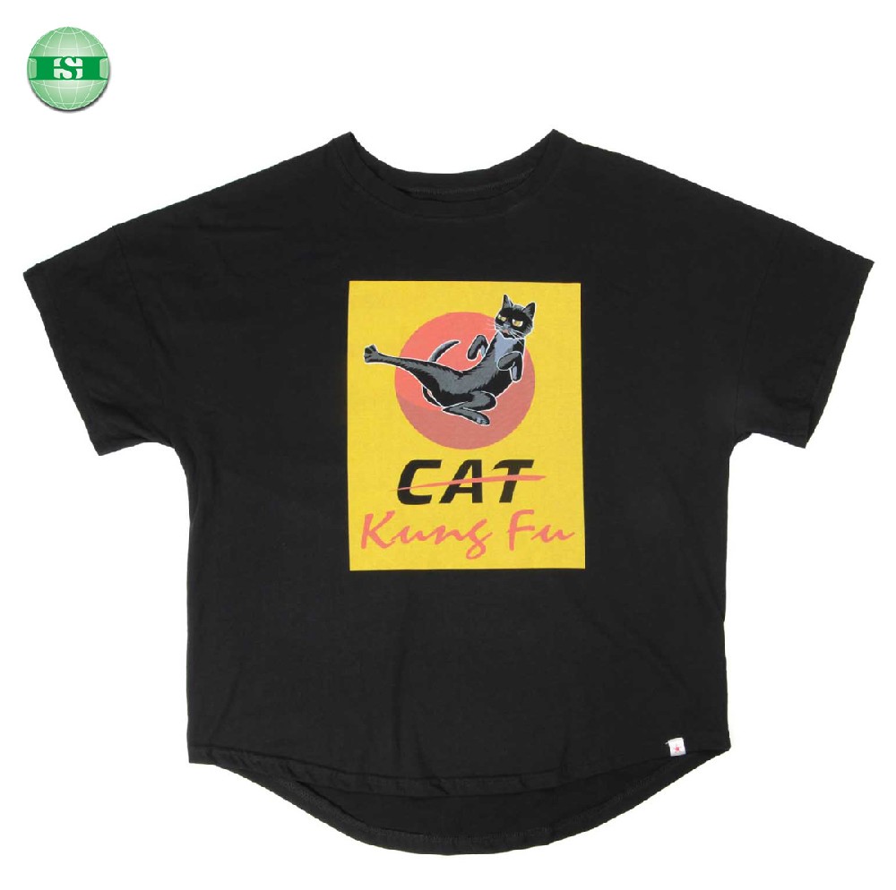 Black cotton gongfu cat print men's round neck t-shirts full customization with your own tech pack