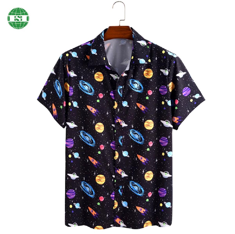 Space print men's button up t-shirts full customization with your own tech pack