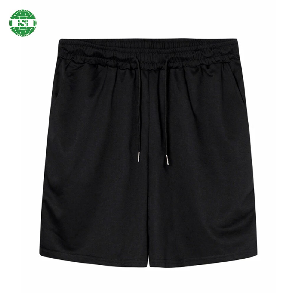 Black polyester men's lounge shorts with drawstring