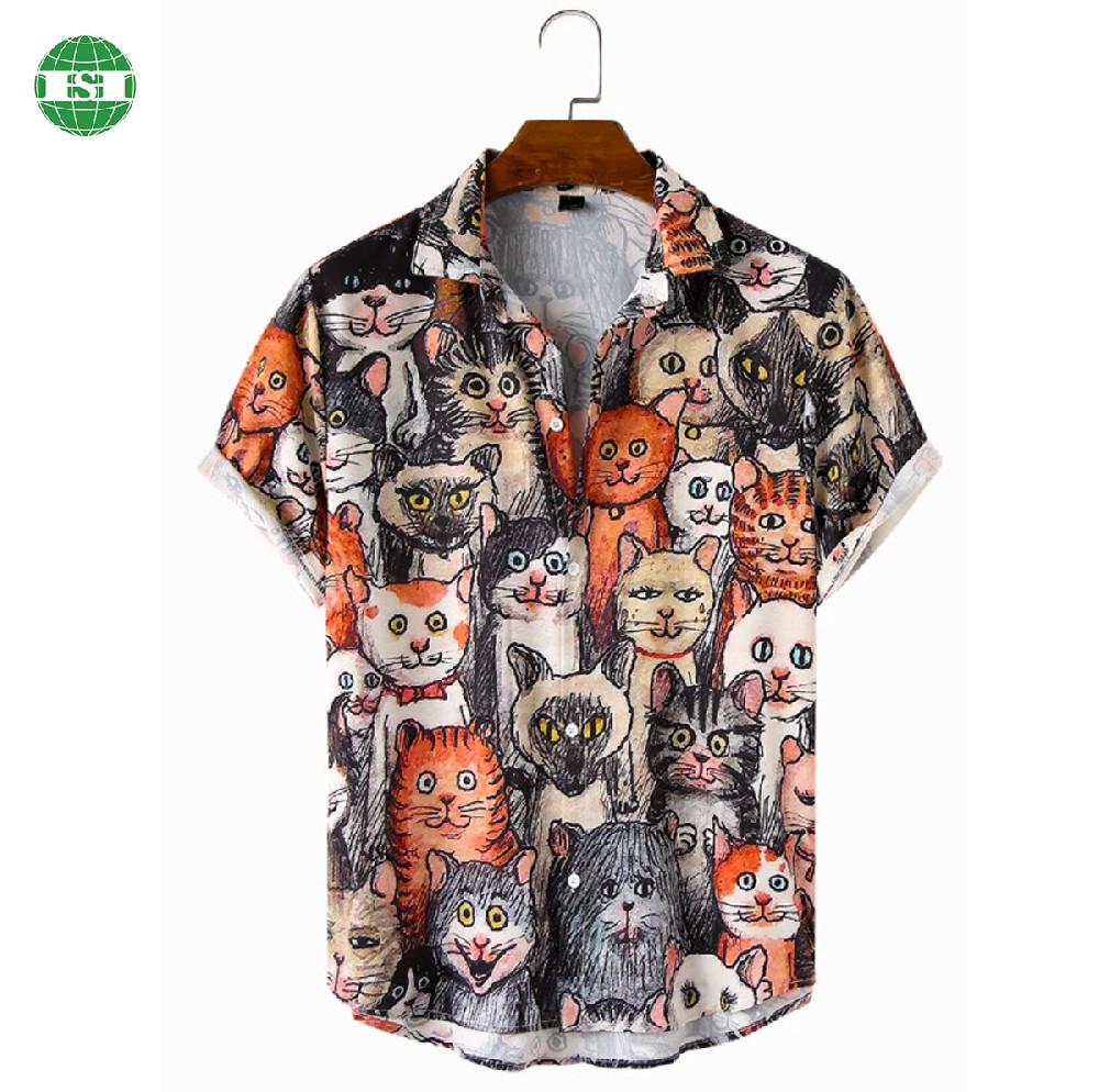 Cartoon cat print button up t-shirts polyester full customization