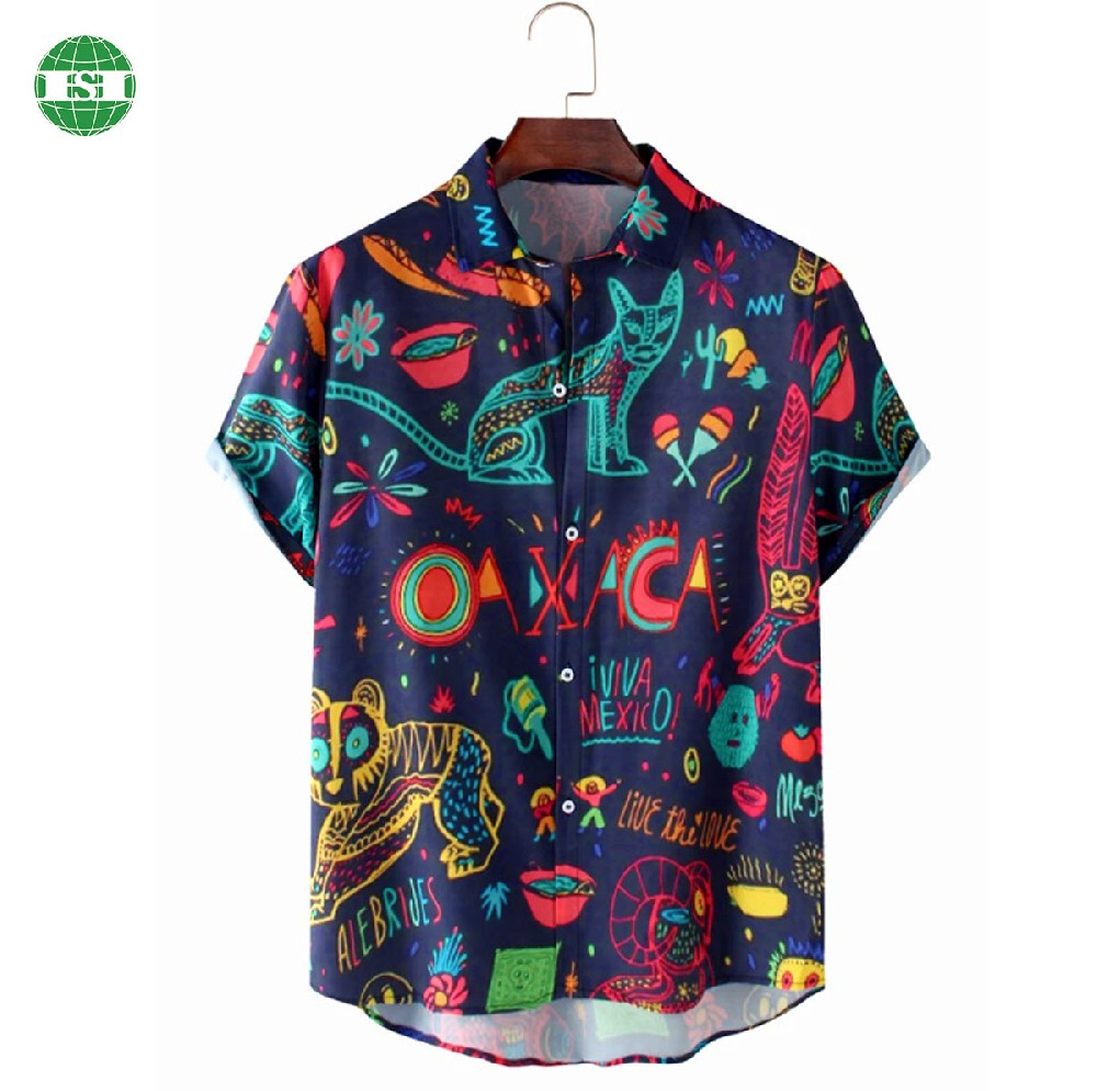 Colorful cat print button up t-shirts polyester full customization