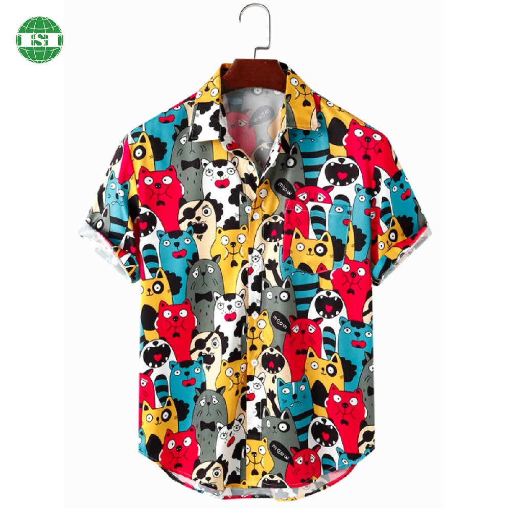Colorful dog print button up t-shirts polyester full customization