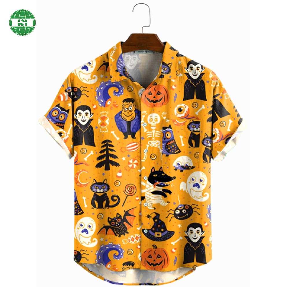 Yellow Halloween print button up t-shirts unisex full customization