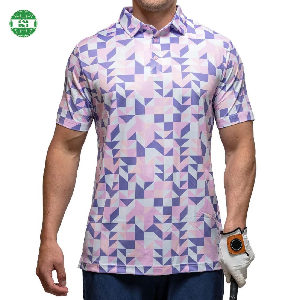 Pink checkered men's polo shirts polyester spandex full customization