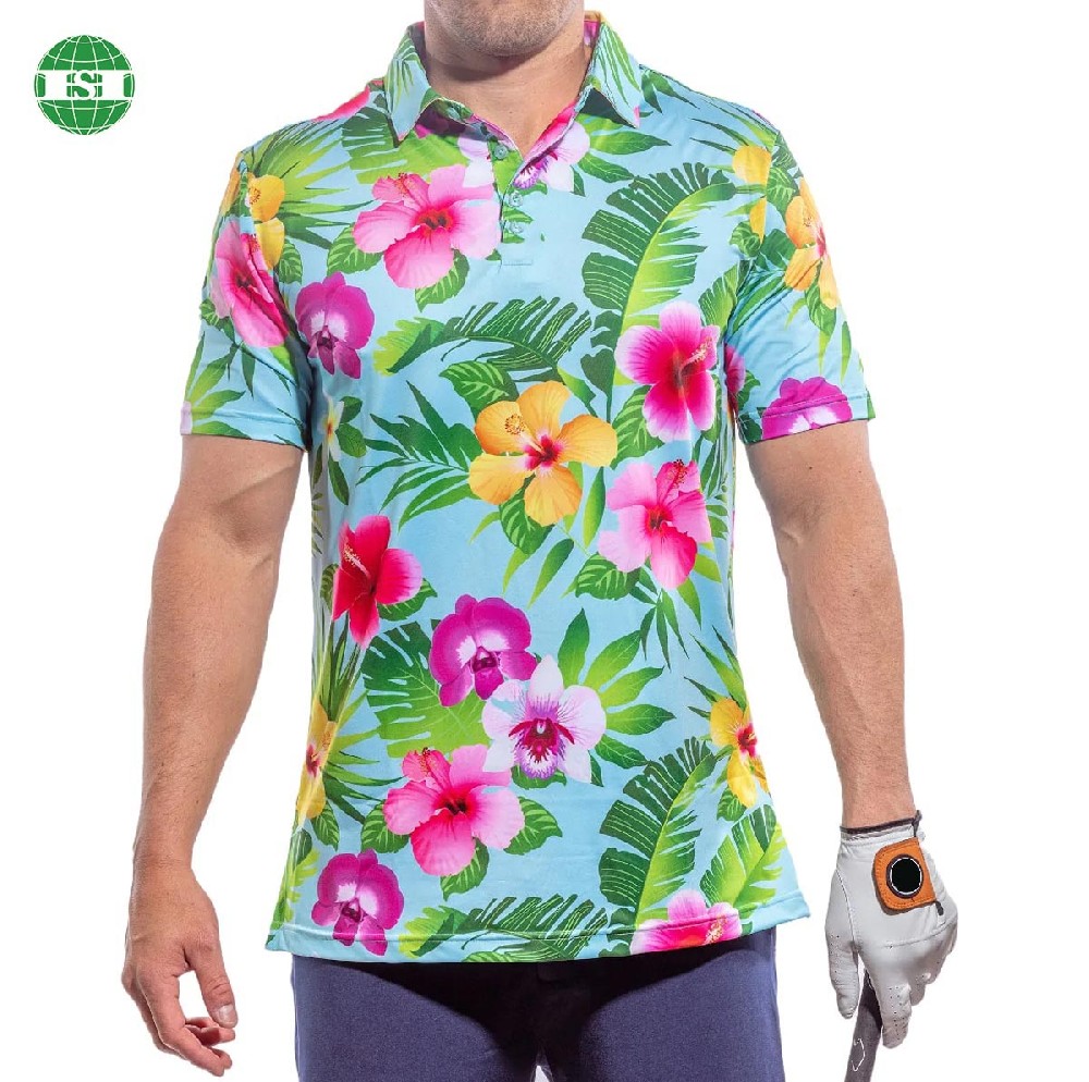 Flower print men's golf polo shirts full customization