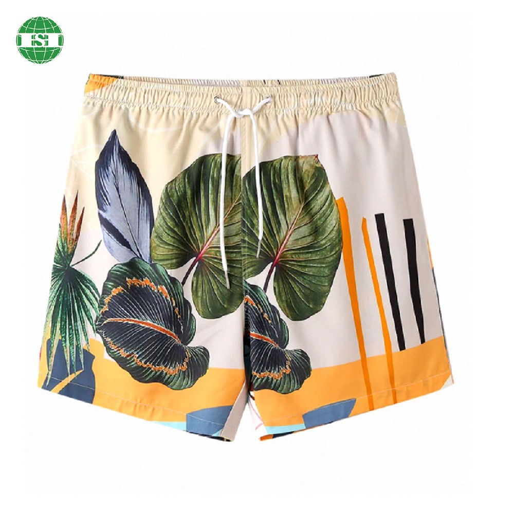 Monstera print men's beach shorts with drawstring full customization