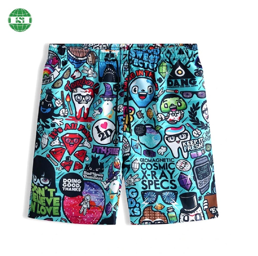 Cartoon print men's board shorts with drawstring full customization