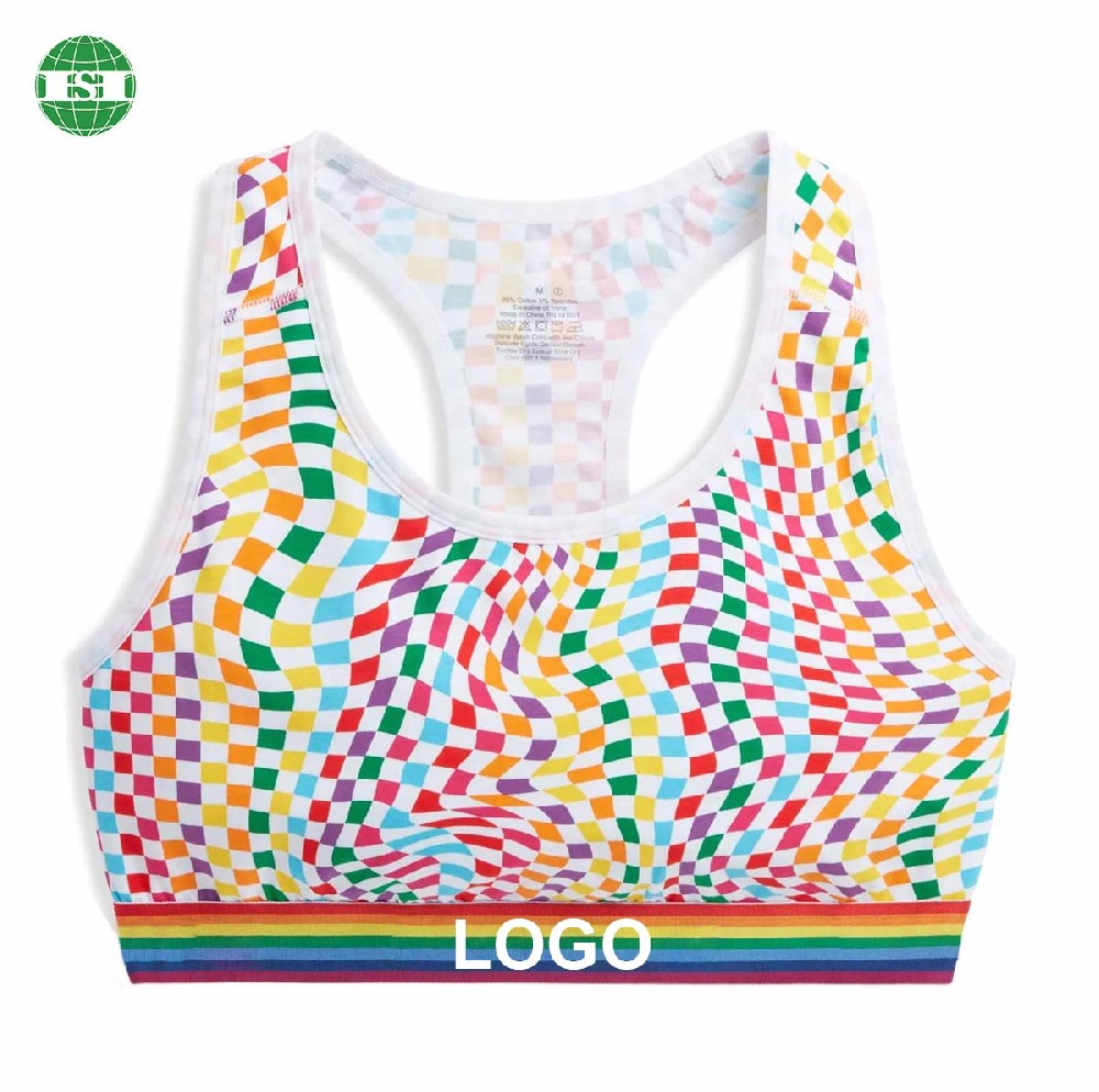 Colorful checkered print sport bra customised logo