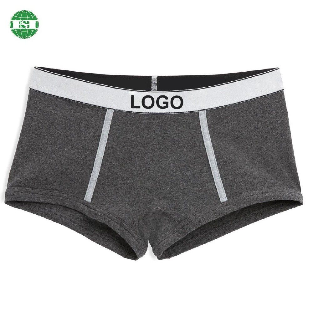 Grey cotton boy shorts for woman white binding tape on the front