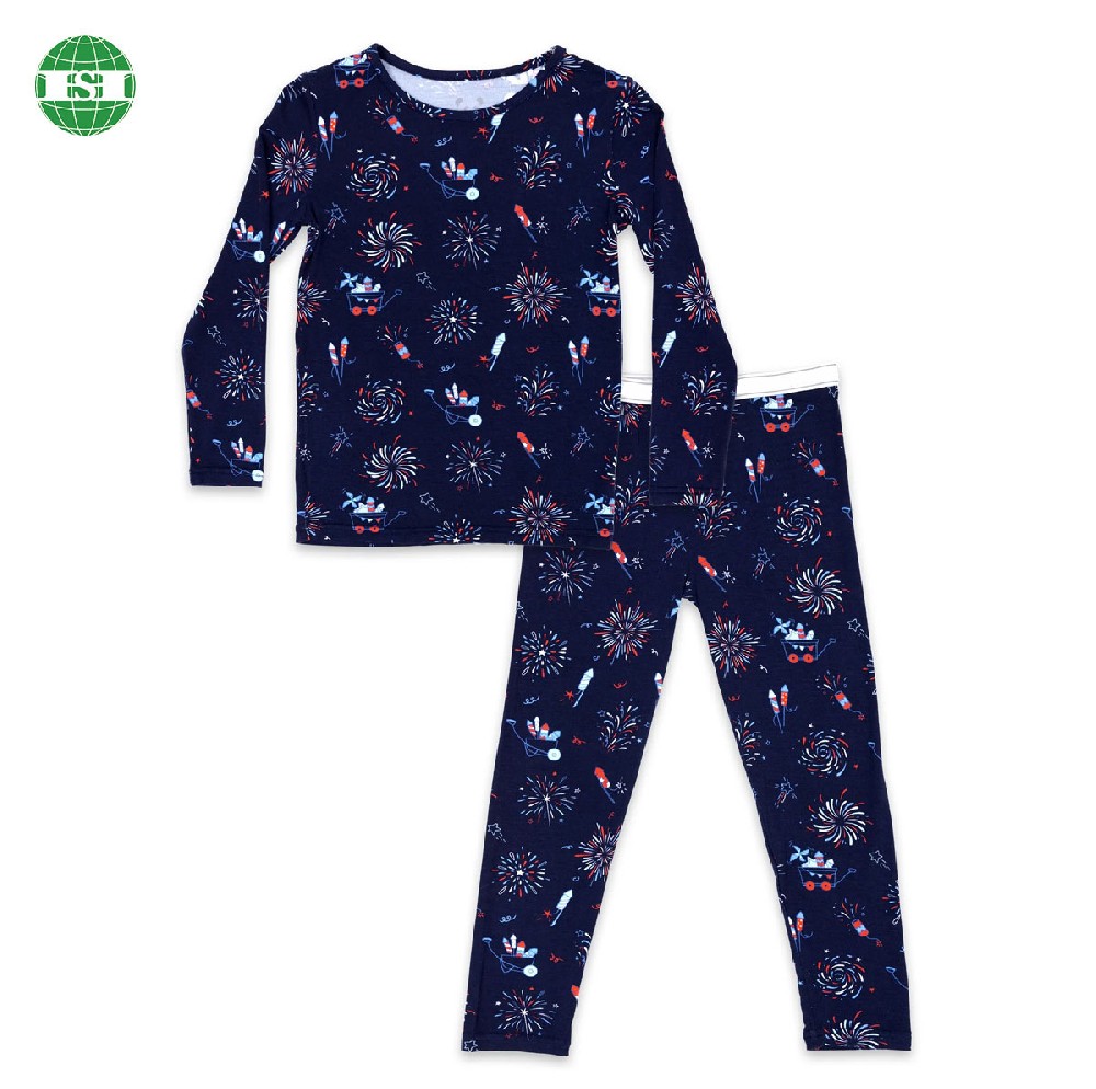 Customized pattern fireworks all over print long sleeve shirt and pants pajamas for kids