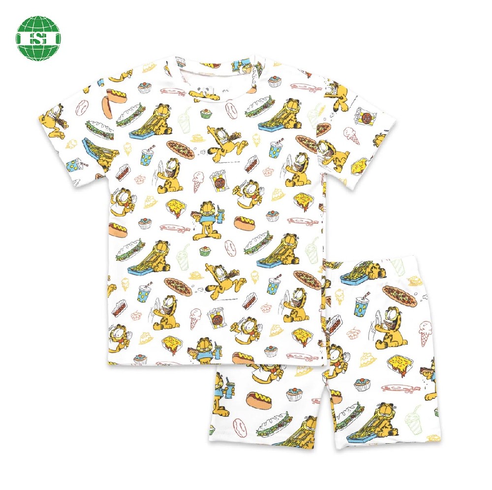 Fully Customised cartoon pattern all over print short sleeve t-shirt and shorts pajamas for boys and girls