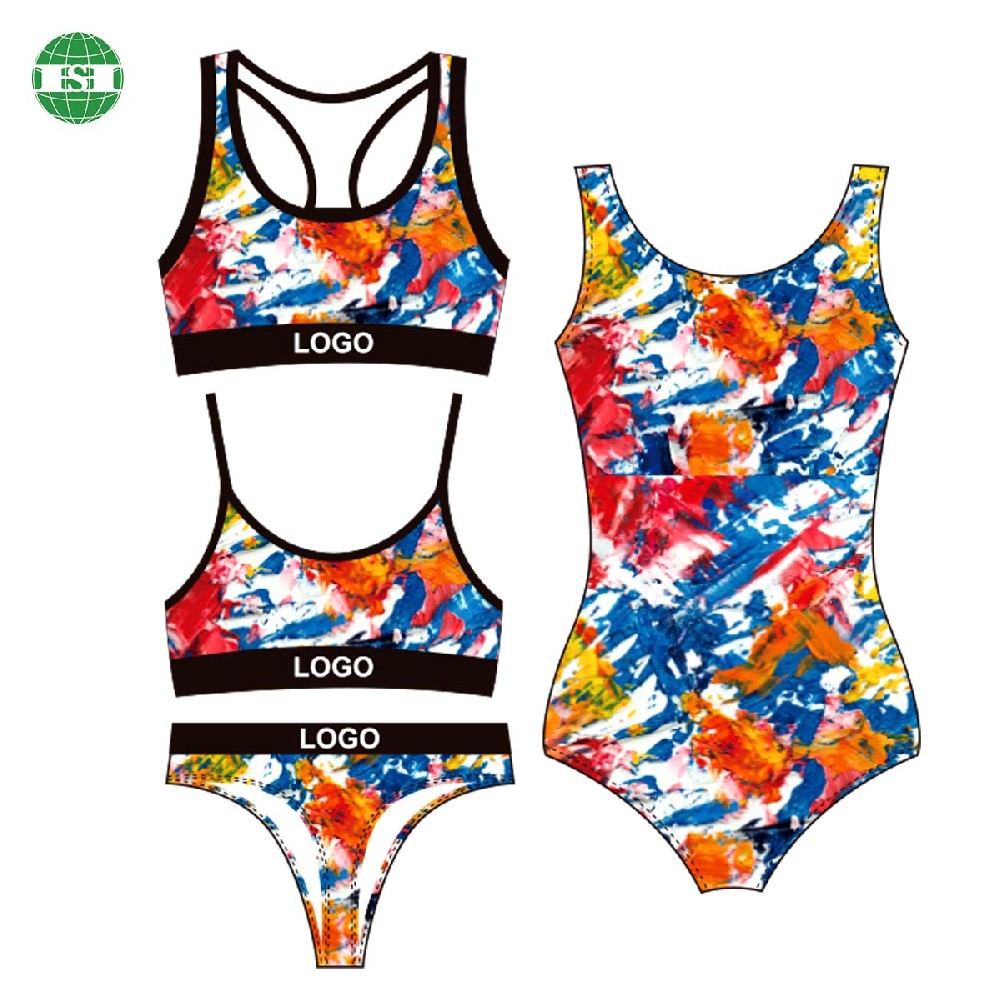 Colorful graffiti print mock up sport bra bralette thongs underwear swimsuit