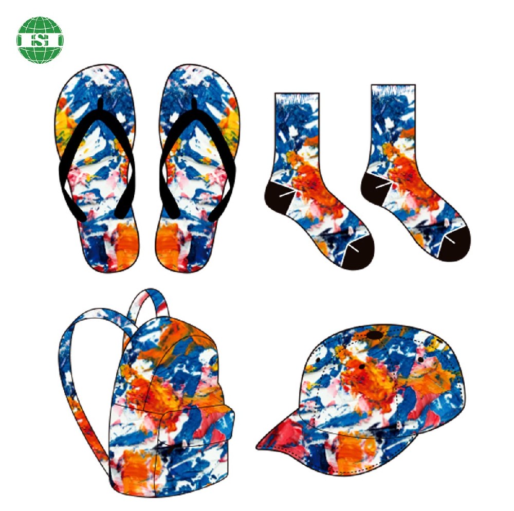 Custom made colorful graffiti print mock up flip flops socks backpack hat