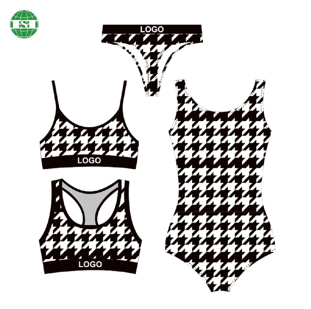 Houndstooth print mock up sport bra bralette thongs underwear swimsuit