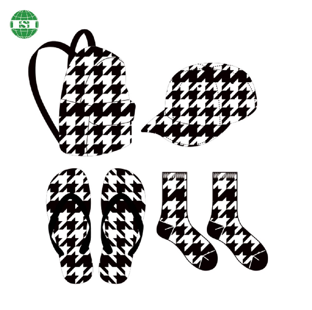 Custom made Houndstooth print mock up flip flops socks backpack hat