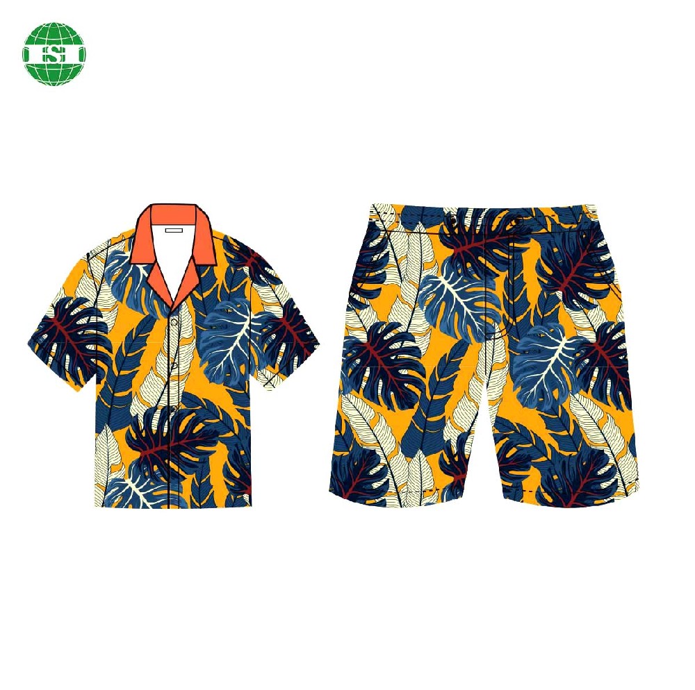 Custom tropical pattern Monstera print summer button up shirts and board shorts set