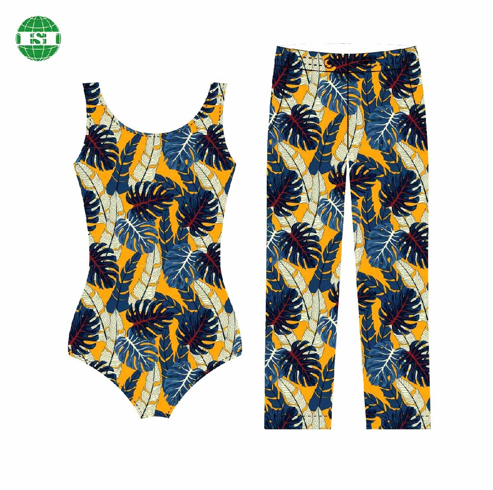 Customized tropical pattern Monstera print lounge pants pajamas one-piece swimming suit