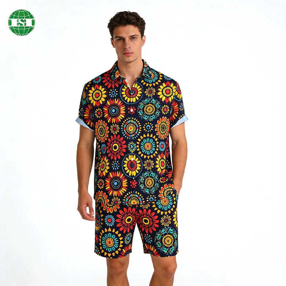 Custom print aloha shirts button ups and shorts set cotton linen tencel rayon viscose different fabric options