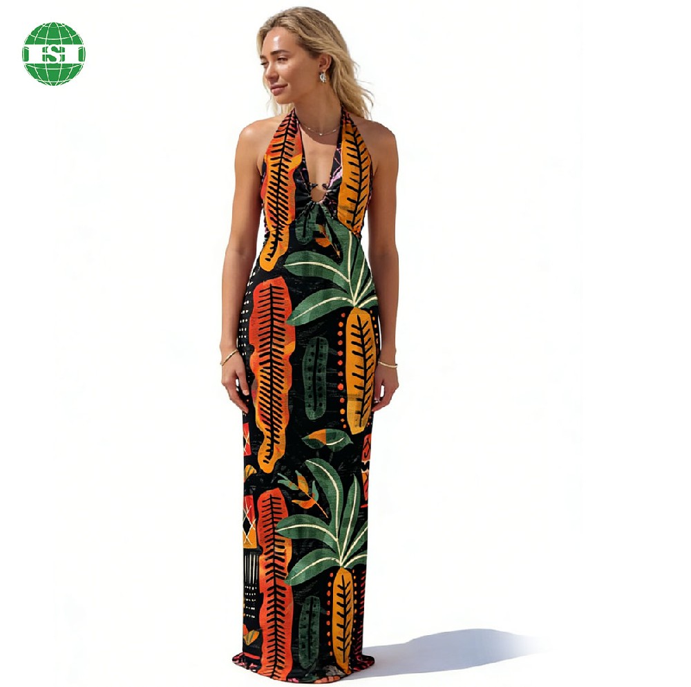 Deep V-neck strappy Bohemian long dress customised fabric and print