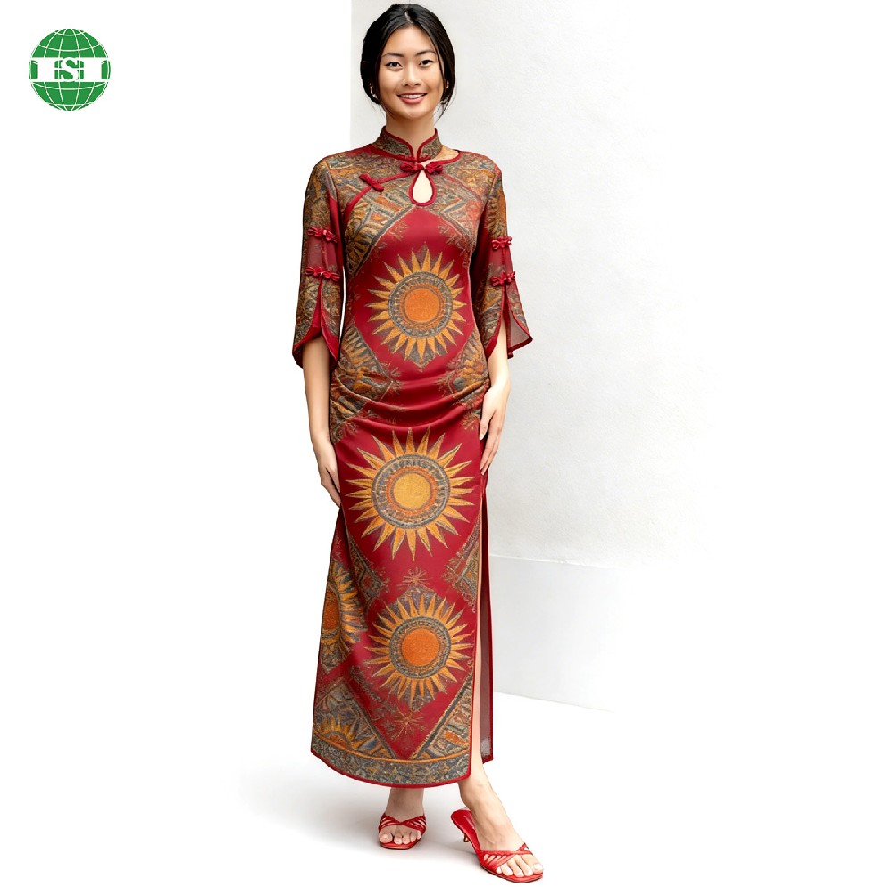 Custom graphic print Side-slit cheongsam