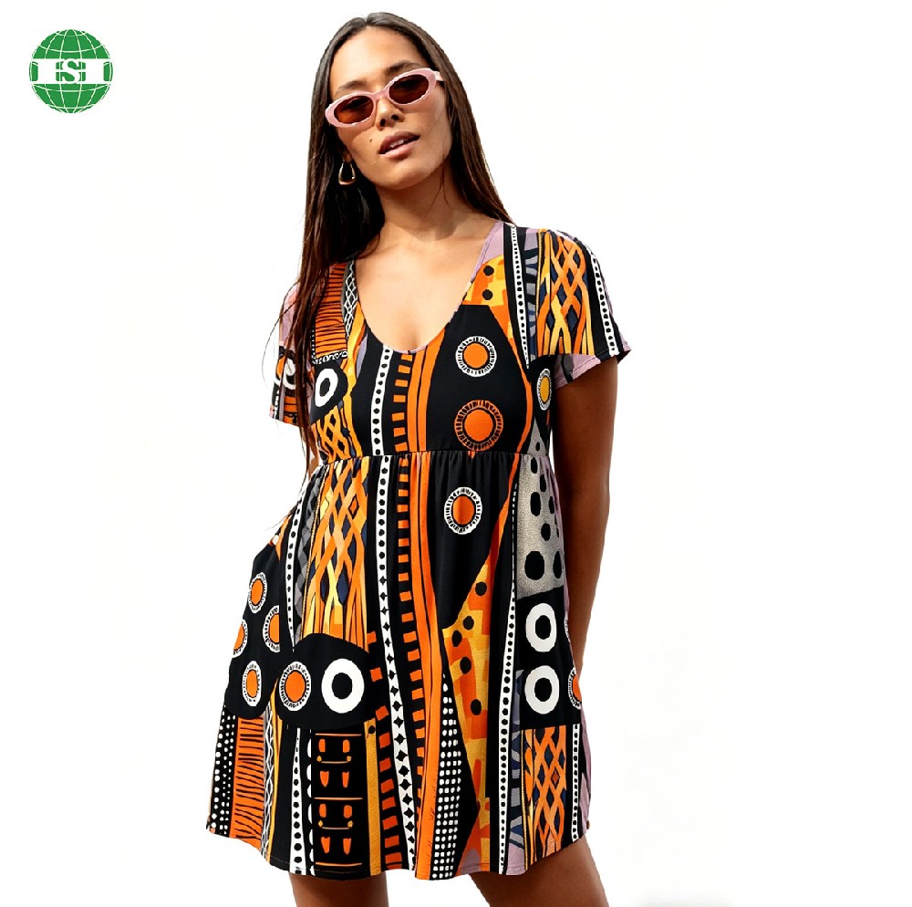 Short sleeve U neck short dress custom tribe design print with side pockets