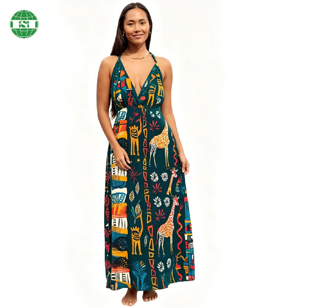 Custom print Deep V-neck Backless strappy summer long dress with elastic waistband